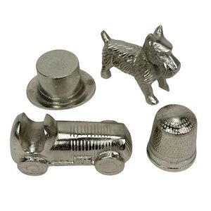 4 Piece Silver Aluminum Board Game Token Figurine Set Car Dog Top Hat Thimble